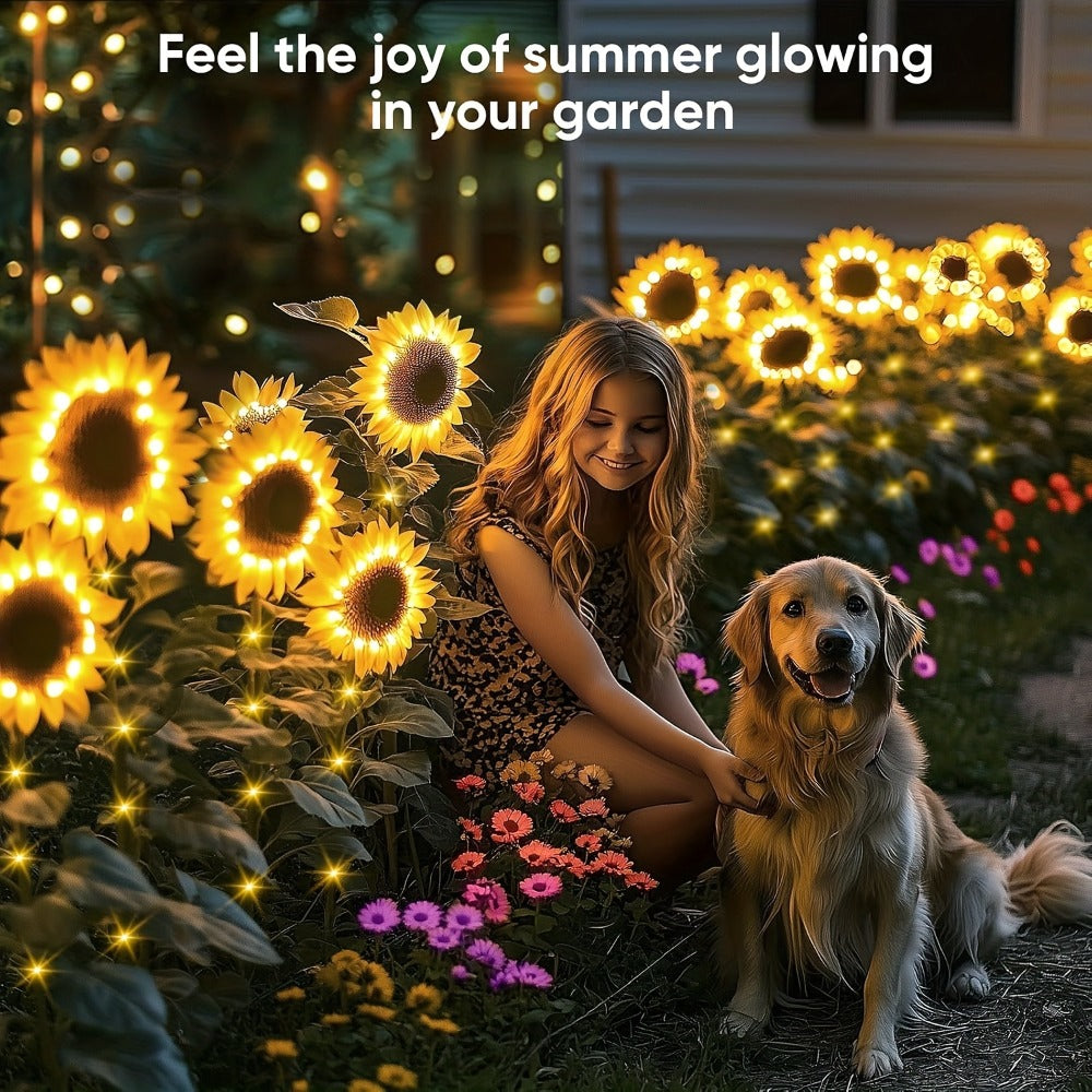 Solar Sunflower Garden Stake Lights 4 Pack | 12 Lifelike LED Flowers IP44 Waterproof Auto On Off | Floral Path Lighting for Patio Yard Porch with 8 Clip-On Butterfly Accessories