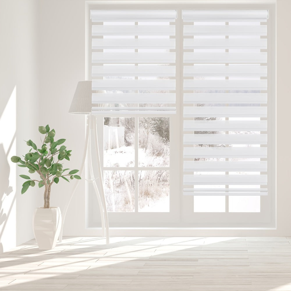 Cordless Zebra Roller Shade with Valance ¨C Day Night Window Blind, Light Filtering Dual Layer Window Treatment Mesh Opaque Fabric