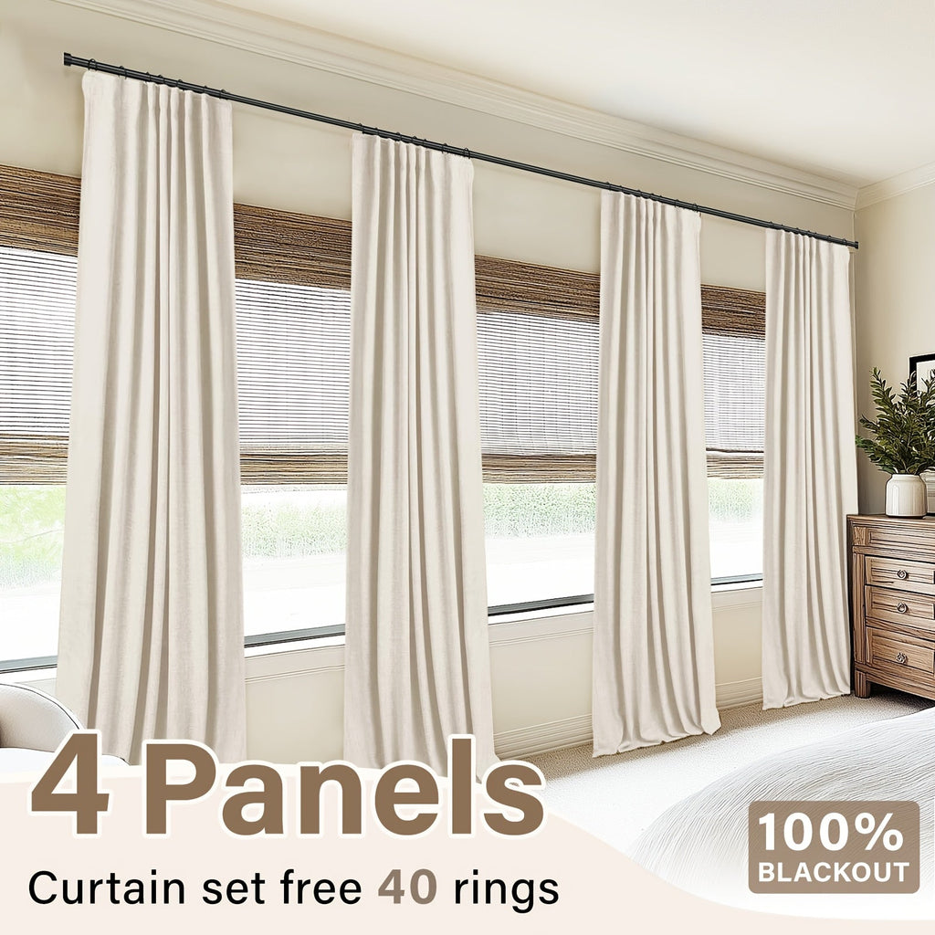 100% Blackout Curtains 4 Panels Faux Linen Textured Thermal Insulated Drapes - Room Darkening Window Curtains for Living Room Bedroom, Clip Rings & Rod Pocket, Energy Efficient Home Decor 50W x 84-120L