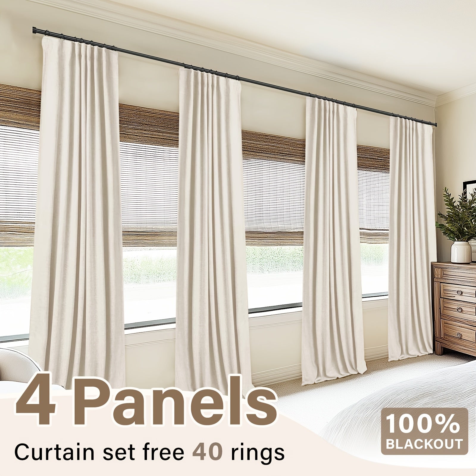 100% Blackout Curtains 4 Panels Faux Linen Textured Thermal Insulated Drapes - Room Darkening Window Curtains for Living Room Bedroom, Clip Rings & Rod Pocket, Energy Efficient Home Decor 50W x 84-120L