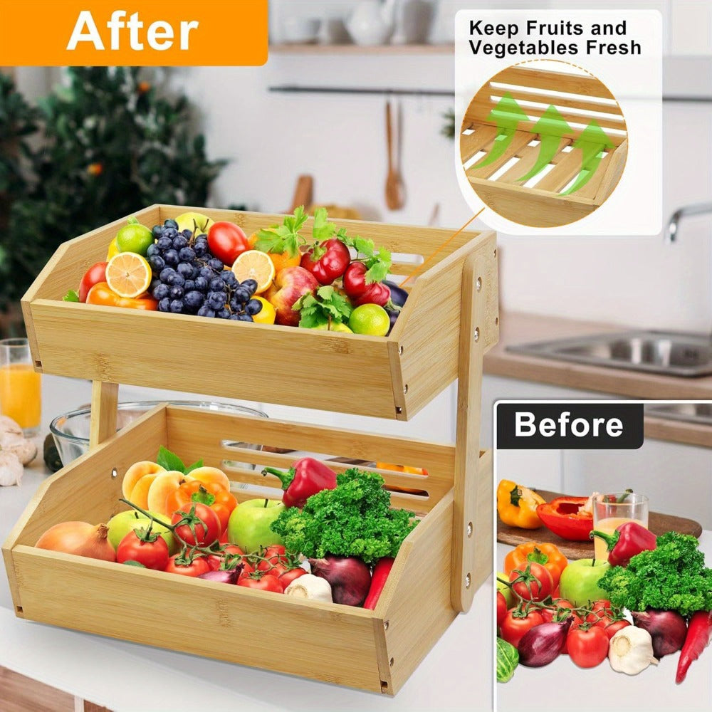 Bamboo Fruit Storage Rack 2-3 Tier with Hooks, Kitchen Counter Organizer for Fruits Vegetables Bread Spices, Freestanding Shelf Basket Display Stand