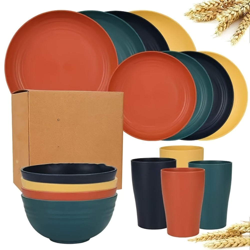 Wheat Straw Dinnerware Set 32/16pcs, Unbreakable Plastic Plates Bowls Cups, Colorful Outdoor Camping Dishes Service for 8