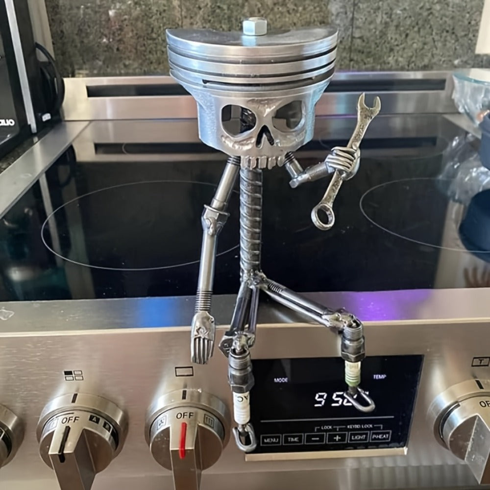 Steampunk Skull Sculpture with Wrench - Hand-Painted Mechanical Piston Gothic Decor, Resin Desk Decoration for Man Cave, Garage, Office, Engineer Gift, Car Lover Gift, Halloween Decor