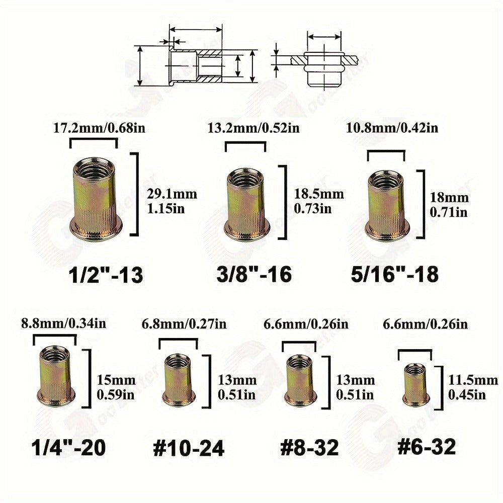 860pcs Rivet Nut Kit SAE UNC Assortment ¨C Zinc Plated Carbon Steel Flat Head Insert Threaded Nuts 7 Sizes with Case for Auto Furniture & Industrial Projects
