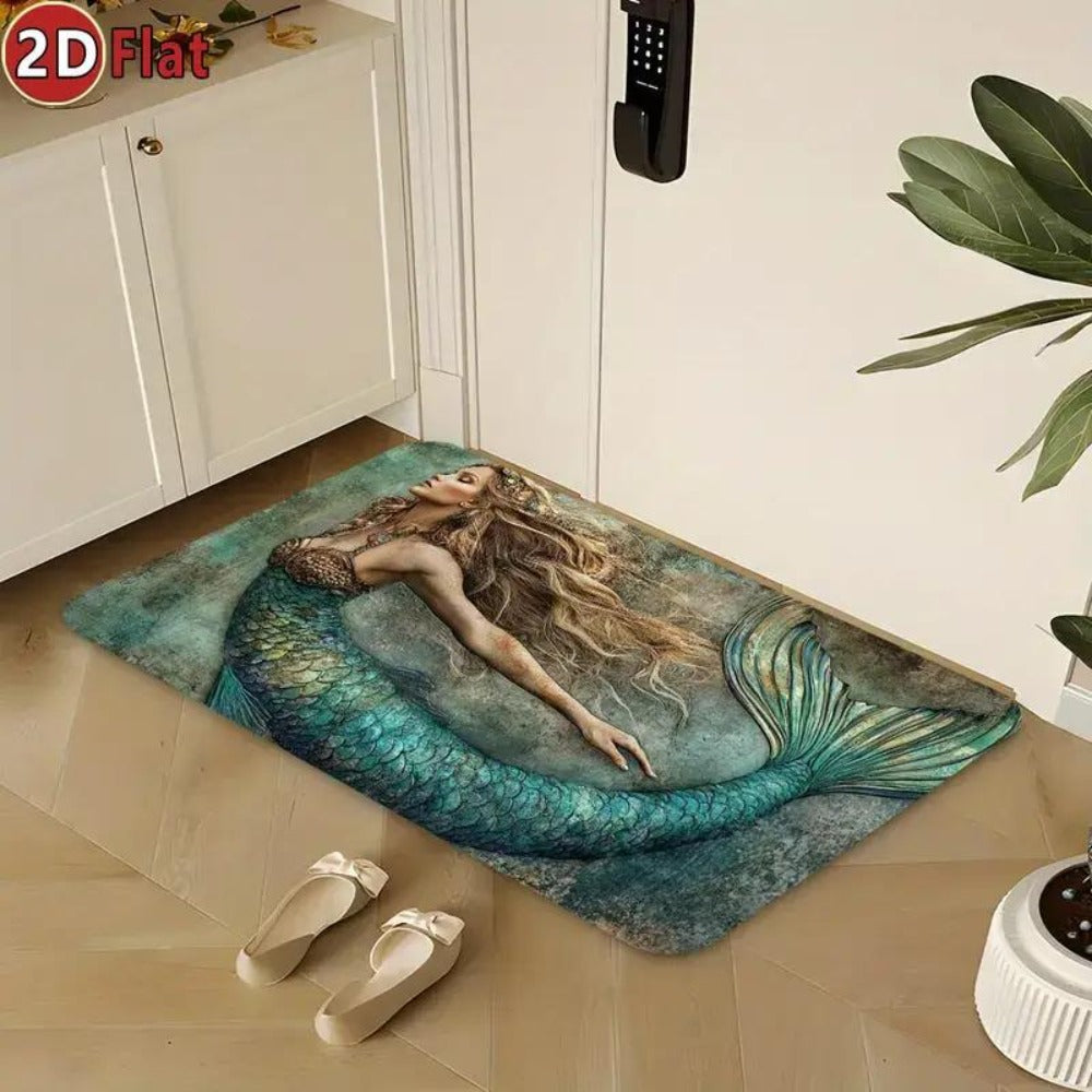Diatomaceous Earth Bath Mat Mermaid Non-Slip Quick-Dry Absorbent Bathroom Rug Teal Ocean Design for Bathroom Kitchen Living Room