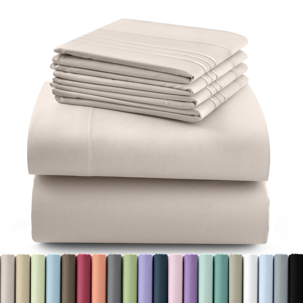 Fitted Sheet Set 6-Piece Brushed Polyester Deep Pocket Bed Sheets 20 Colors Hotel Luxury Soft Bedding with Embroidered Pillowcases