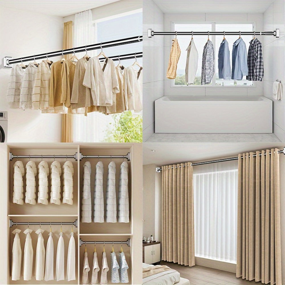 Tension Curtain Rod No Drill Telescopic Shower Bathroom Towel Rack Adjustable Hanging Rod Balcony Coat Hanger Drying Rod