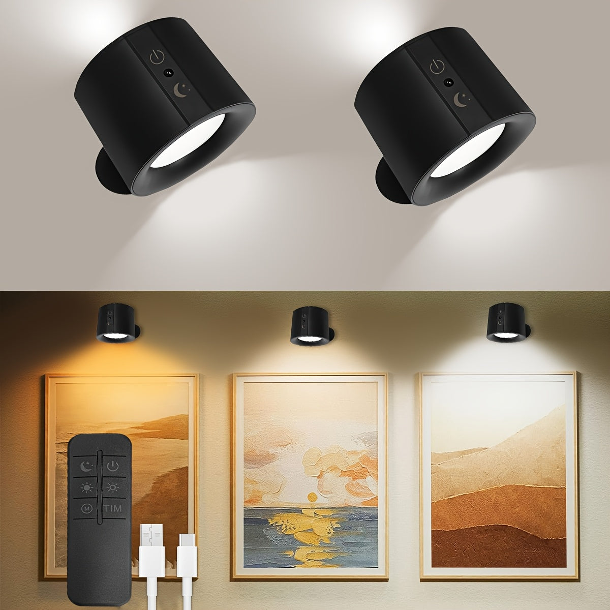 USB Rechargeable LED Wall Light 2 Pack ¨C 360¡ã Rotating Magnetic Ball Touch Control Reading Lamp with 3 Color Temps ¨C Wireless Wall Mounted or Desktop Light for Bedroom Living Room