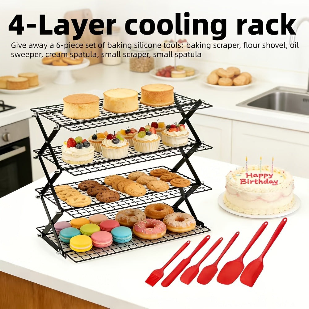 Foldable Cooling Rack Set ¨C Stackable Oven Cookie Cake Drying Rack with Free Baking Tools (Silicone Spatula, Egg Beater, Tongs, Brush) | 3/4/5 Tier Options for Kitchen, Camping & Holiday Baking