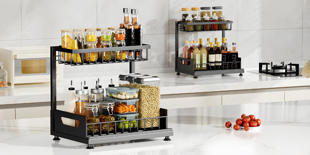 2-Tier Pull-Out Cabinet Organizer Metal Sliding Drawer, Kitchen Sink Storage Container for Bathroom Tabletop Study, Push-Pull Stackable Organizer for Kitchen Bathroom Cabinet