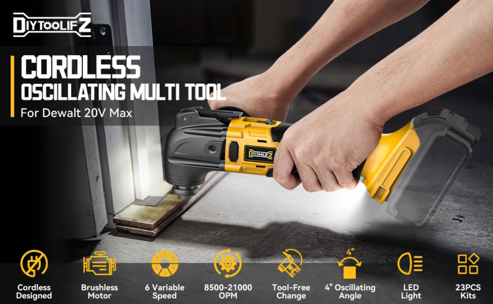 Oscillating Multi Tool Brushless Cordless Compatible with DeWalt 20V / 18V Battery ¨C 21000 OPM Variable Speed, 4.5¡ã Oscillating Angle, Anti-Vibration, Wood Cutting Blades & Sanding Pads (Battery Not Included)