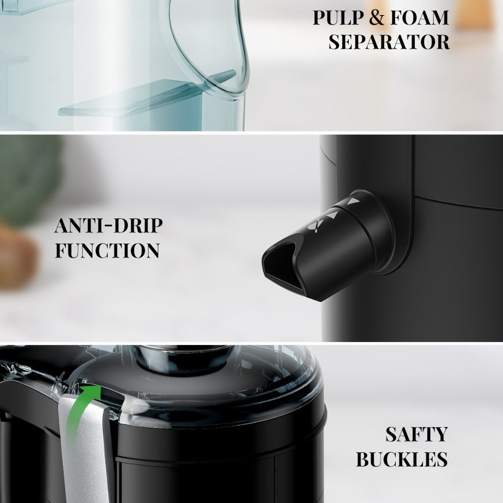Space-Saving Centrifugal Juicer with 2.5-Inch Feed Chute - Powerful Fruit & Vegetable Juice Extractor, BPA-Free, Dishwasher Safe, Easy to Clean, Compact Design for Healthy Lifestyle, Black/Silver