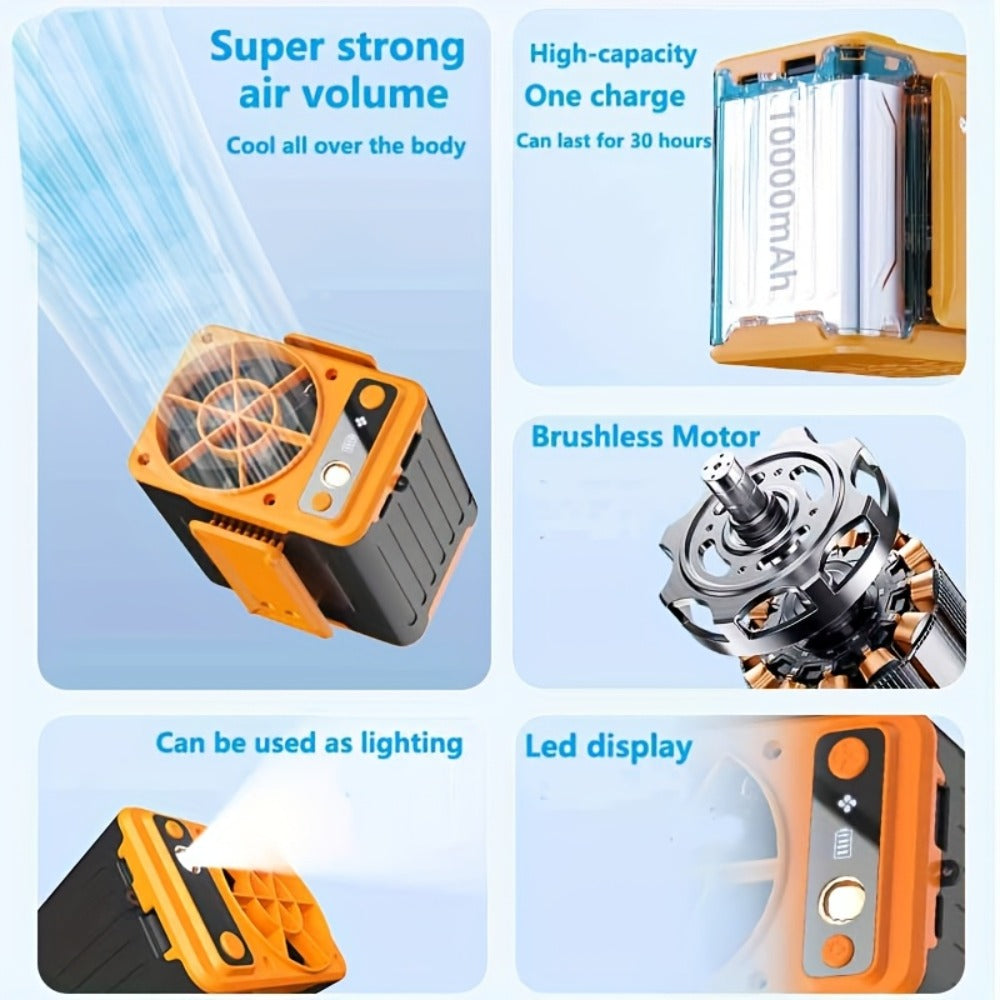 Portable Clip Fan 10000mAh Rechargeable Wearable Belt Fan with 22H Battery Life 4 Speed Settings 8000RPM Strong Airflow for Outdoor Camping Hiking Jobsite Farming Traveling Fishing
