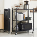3 Tier Foldable Storage Rack with Wheels Heavy Duty Black Iron Shelving Unit for Garage Kitchen Pantry Utility Multi-Purpose Organizer