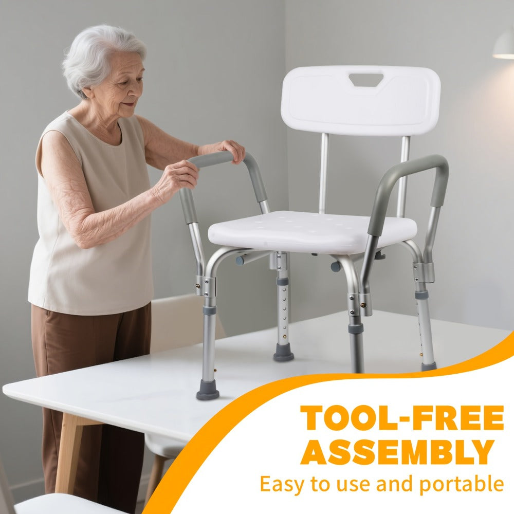Shower Chair with Armrests & Backrest ¨C Height Adjustable Aluminum Bath Seat, 350 LBS Capacity, Non-Slip Rubber Feet, Cushioned Support for Elderly, Disabled & Post-Surgery, Fits Most Showers & Tubs