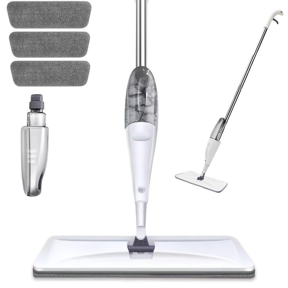 Spray Mop with 3 Washable Microfiber Carbon Fiber Pads Water Spraying Flat Mop Wet Dry Dual Use Floor Cleaning for Hardwood Laminate Tile Ceramic 4pc White