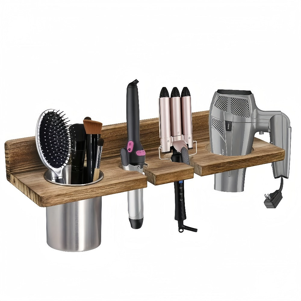 Wall Mounted Hair Tool Organizer ¨C Wooden Hair Dryer Holder & Storage Rack for Curling Iron, Straightener & Brushes, Rustic Bathroom Salon Shelf (Brown & Black)
