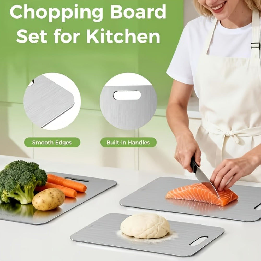 Titanium Cutting Board Set 3-Piece Heavy Duty BPA-Free Kitchen Prep Boards | Rust-Resistant Hook Handles Rounded Edges Space-Saving Design | Durable Metal Boards for Meat Vegetables Fruits BBQ Gift