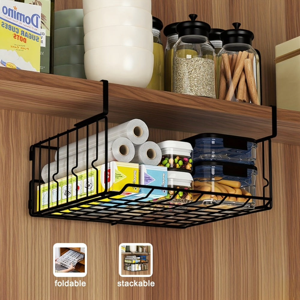 Wall Mount Foldable Storage Basket - Waterproof Rustproof Metal Organizer, Collapsible Space Saving for Kitchen Cabinet, Laundry Room, Pantry Closet