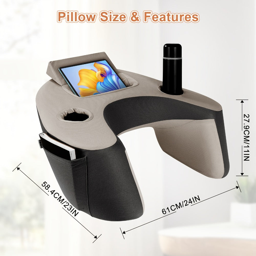 Reading Pillow with Armrests Ergonomic Bed Rest Pillow Back Support Cushion Side Pockets Cup Holder Washable Cover for Gaming Reading Working Sofa Bed Black Grey