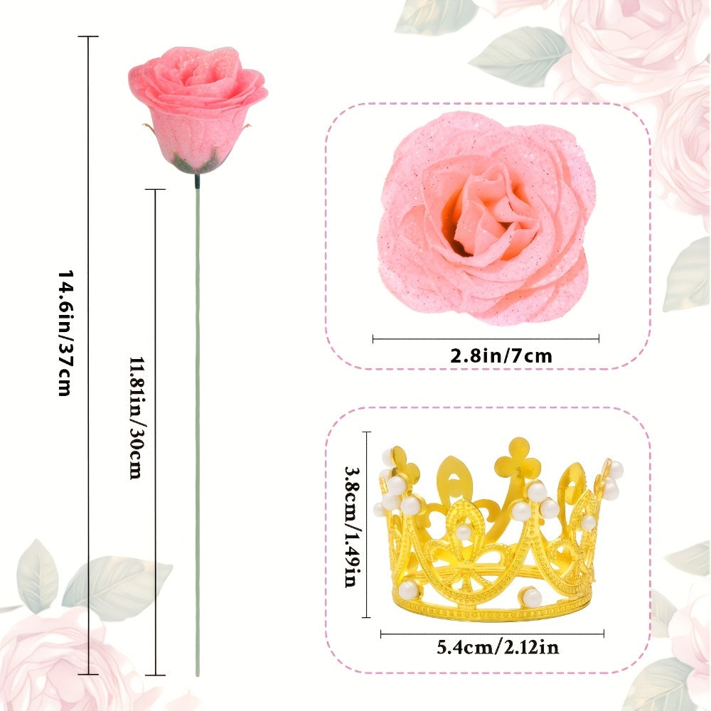 Artificial Rose Bouquet 24 Glitter Roses with 6 Golden Butterflies, Everlasting Shiny Fake Flower Bouquet for Wedding, Anniversary, Engagement & Home Decor | Purple, Red, Pink, Blue