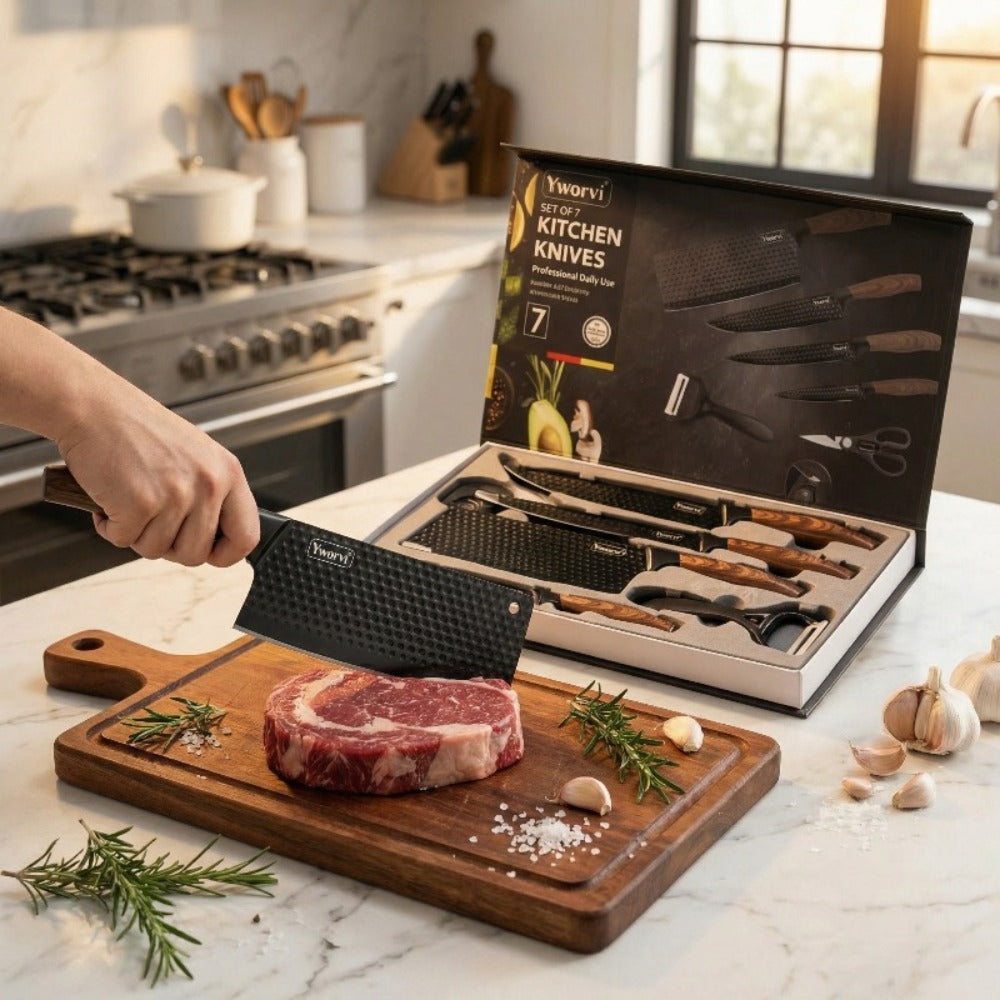 Chef Knife Set 7 Piece High Carbon Stainless Steel Ultra Sharp ¨C Anti-Stick Ergonomic PP Handle, Includes Slicing Knife, Scraper, Scissors & Whetstone, Gift Box for Home, Family & Travel
