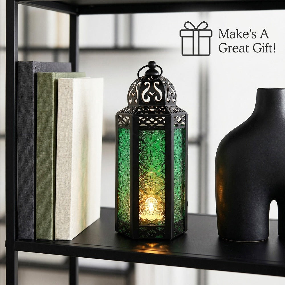 Moroccan Candle Lantern Holder - Decorative Metal & Glass Lantern with Embossed Floral Design for Indoor Home Decor, Garden, Patio, Weddings, Ramadan, Halloween & Holiday Celebrations - 10.5¡± Tall Medium Size