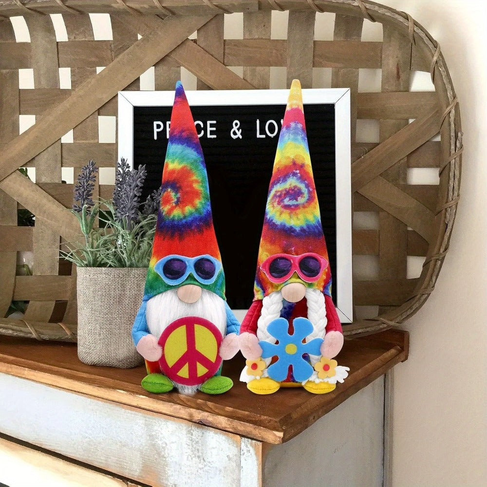 Hippie Gnomes Decorations 2 Pack ¨C Groovy Tie Dye Tomte Figurines with Peace Sign & Fashion Glasses, 13.5¡± Swedish Gnome Shelf Sitters for Farmhouse, Christmas, Halloween & Party Decor