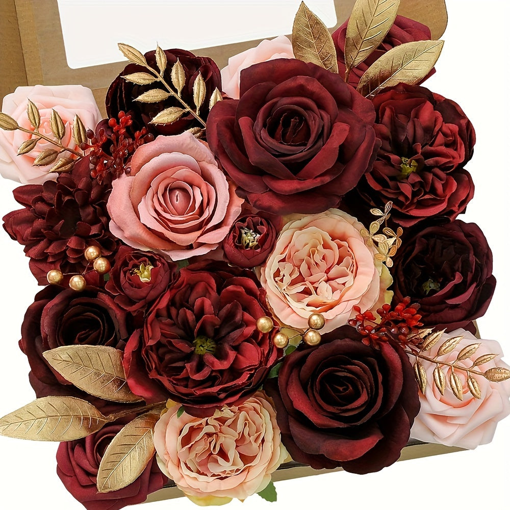 Artificial Rose Bouquet Wine Red, 12pcs Fake Plastic Roses for Wedding Centerpiece, Halloween Day of the Dead Altar Decor, Fall Winter Tabletop Flower Arrangement, No Battery Required