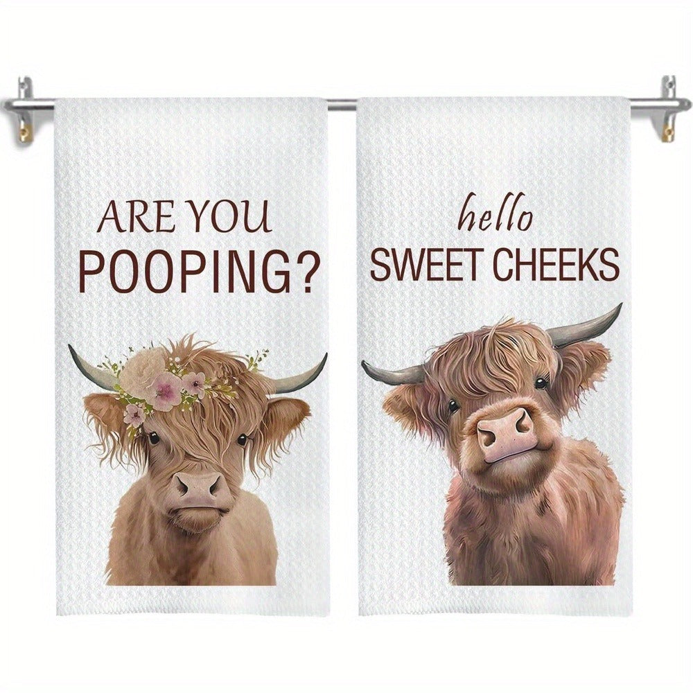 Highland Cow Hand Towels Set of 2 Funny Farmhouse Bathroom Decor Hello Sweet Cheeks Absorbent Kitchen Towel 16x24 Inch Washroom Gift
