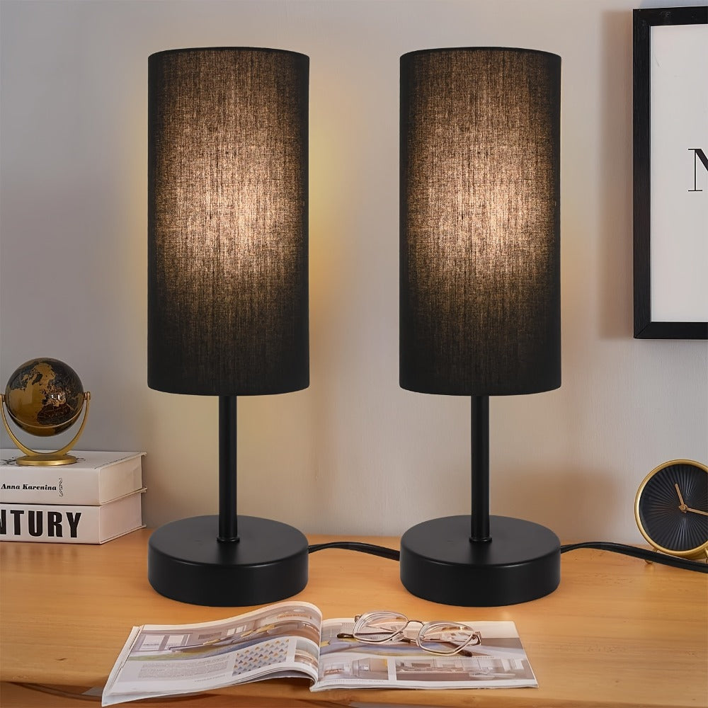 Small Bedside Table Lamp Set of 2 ¨C Linen Shade Nightstand Lamp with Cord Switch, 5W LED Bulb Included, Compact Desk Light for Bedroom Living Room Children's Room Office Dorm (Black / Beige Black)