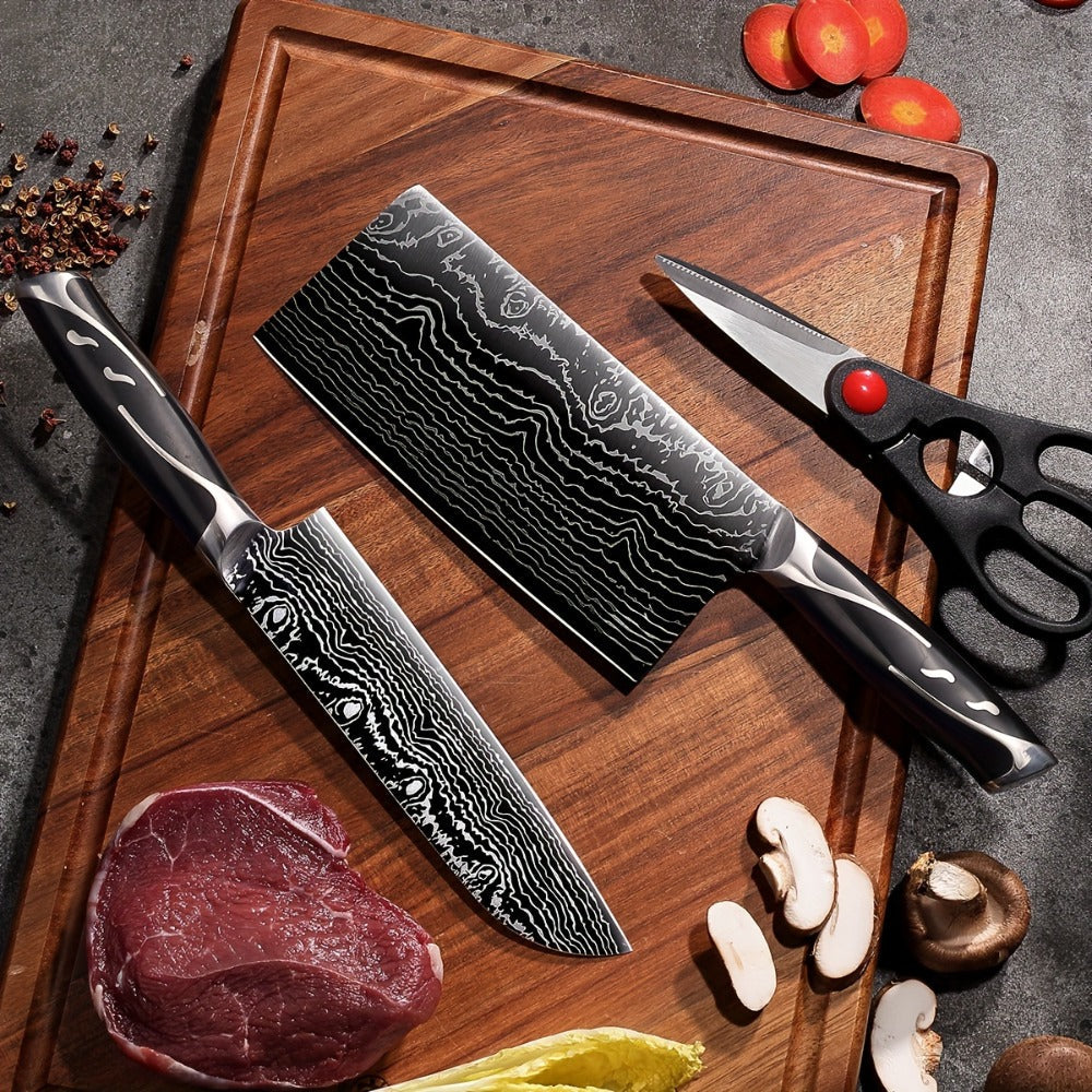 Kitchen Knife Set 7-Piece Damascus Pattern Stainless Steel with Universal Knife Block Holder ¨C Chef Knife, Fruit Knife & Safety Knives Included, Non-Slip Handle