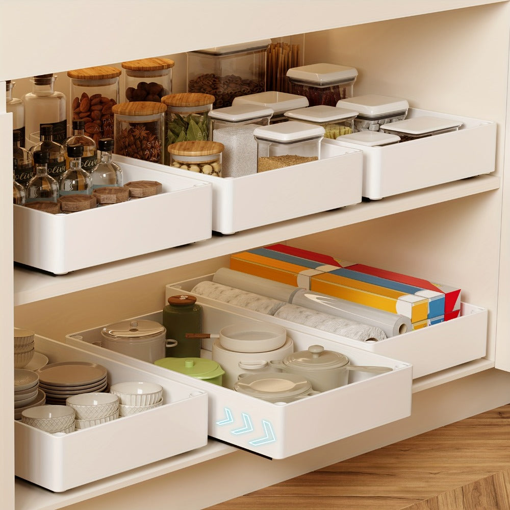Pull-Out Cabinet Organizer 2-Pack Retractable Slide-Out Storage Bins No Drill Removable Kitchen Pantry Bathroom Shelf Organizer Boho Style Plastic Drawer Basket