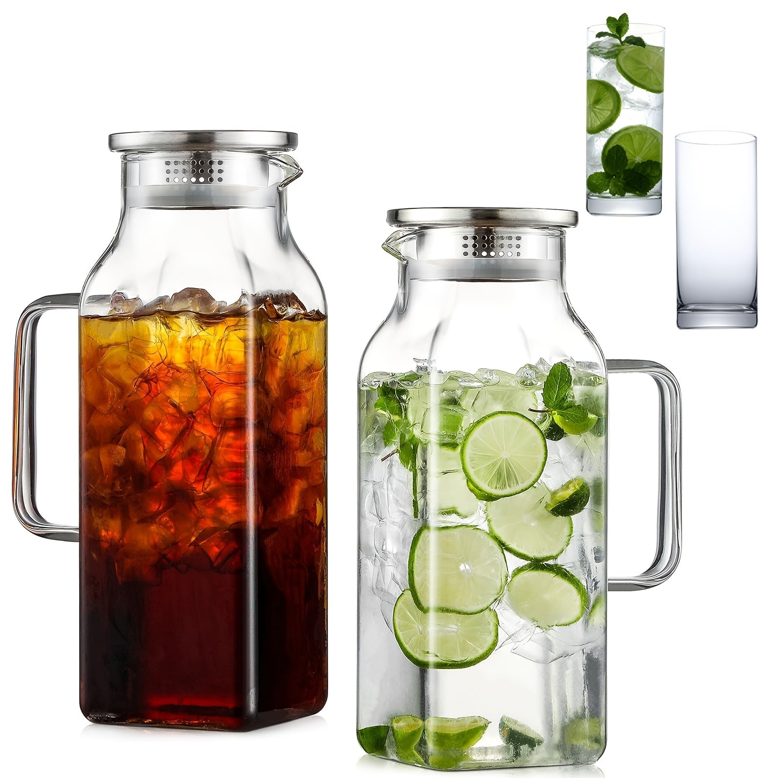 Glass Pitcher with Lid & Handle 2L 68oz ¨C Square Borosilicate Water Jug, Heat Resistant Carafe for Fridge, Iced Tea, Coffee & Cold Drinks ¨C 2 or 4 Pack with Optional 16oz Cups