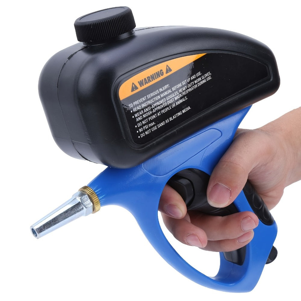 Sandblaster Gun for Air Compressor Pneumatic Abrasive Blasting ¨C 90 PSI Max, 500ml Tank, Small Nozzle, for Metal Rust Removal, Glass Etching, Polishing & Auto Repair ¨C Blue, Red & Yellow