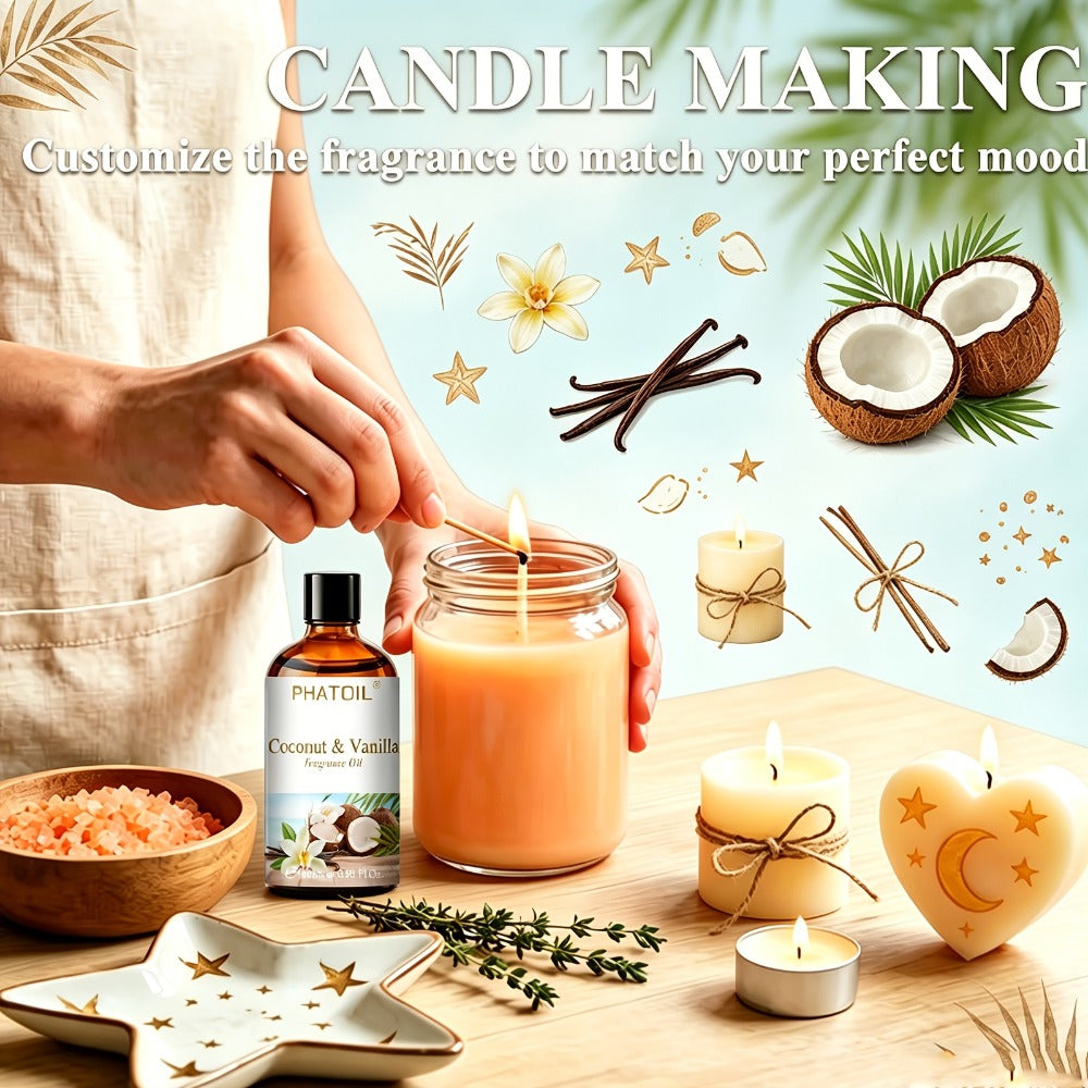 Fragrance Oil for Diffuser - PHATOIL 100ml Coconut & Vanilla Scented Oil for Humidifier, Candle Making, Soap, Aromatherapy, Reed Diffuser, Home & Office Air Freshener, Long Lasting Scent