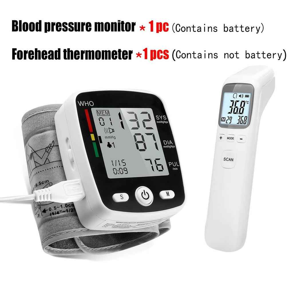 Blood Pressure Monitor Wrist & Forehead Thermometer 2-in-1 Set, Rechargeable with 2x99 Memory, Large LCD, Voice Broadcast, Adjustable Cuff