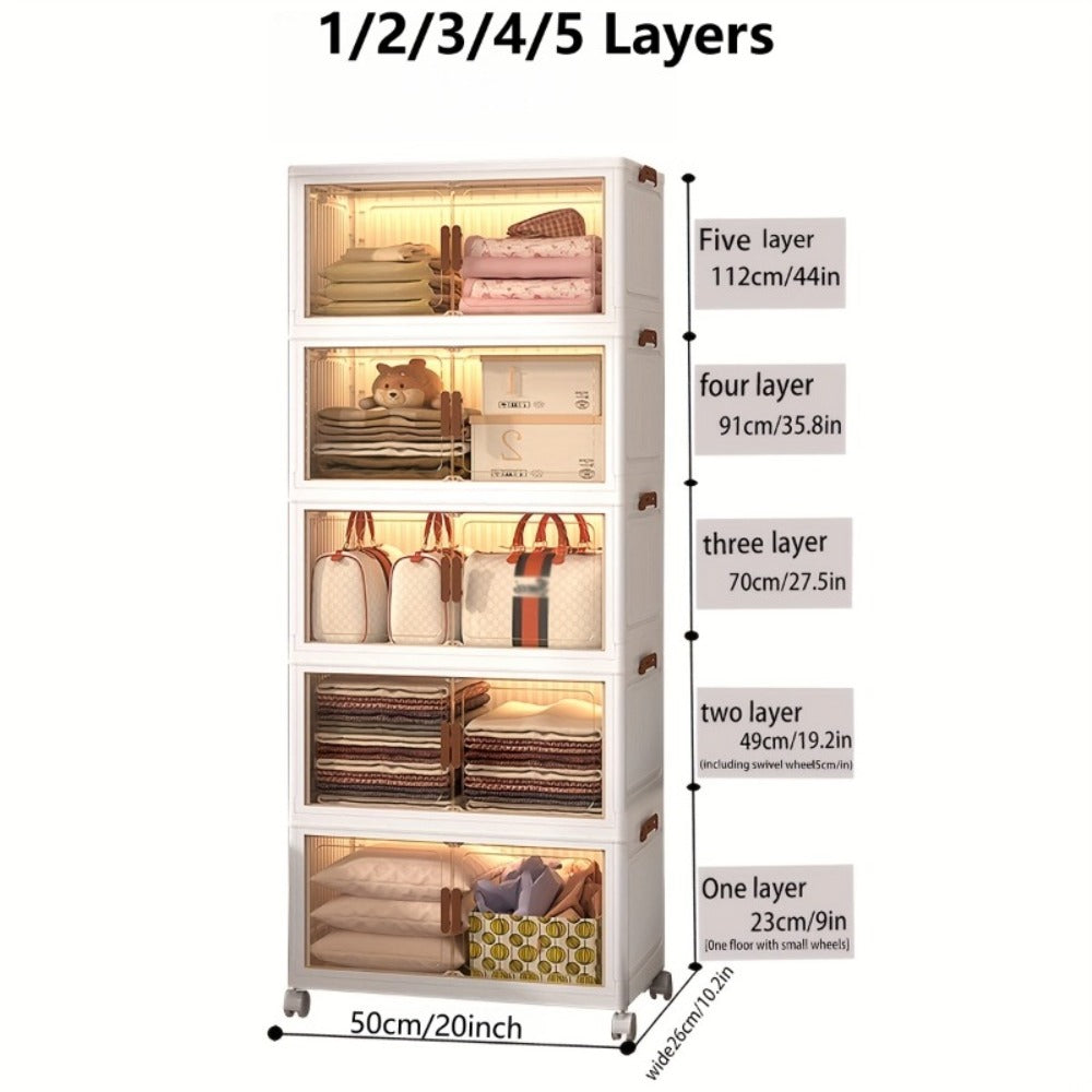 Folding Storage Cabinet 1-6 Tier Collapsible Stackable Organizer with Wheels and Lids - Extra Large Foldable Storage Locker for Closet Bedroom Office Kitchen 50CM Wide