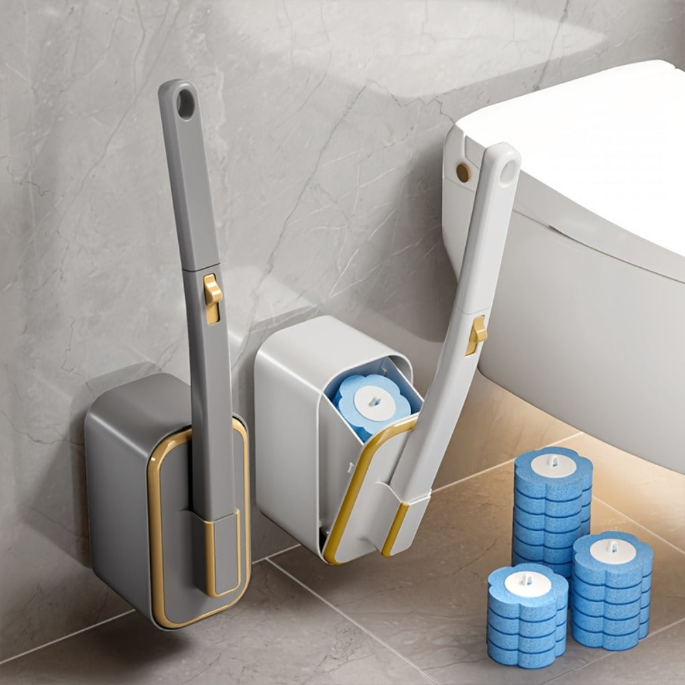 Wall-Mounted Toilet Brush Set with 8 Disposable Heads | No-Drill Easy Install, Long Handle Bathroom Cleaning Brush, Replaceable Brush Heads for Toilet Bowl, Home & Commercial Use, Plastic Medium Firmness