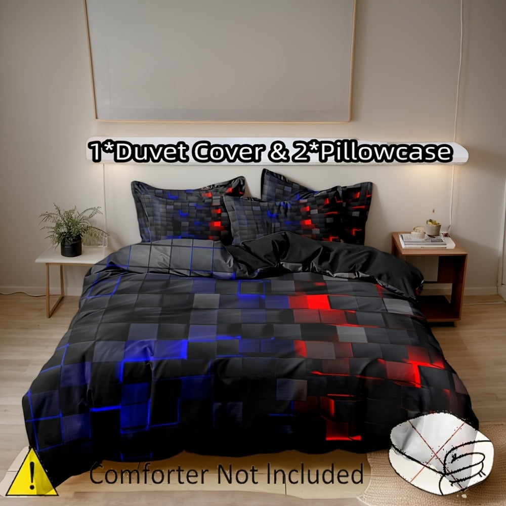 Duvet Cover Set Queen King Twin Full 3D Geometric Cube Print | 3-Piece Polyester Bedding Set | Black Blue Grid Pattern | All-Season Soft Quilt Cover + 2 Pillowcases | Machine Washable