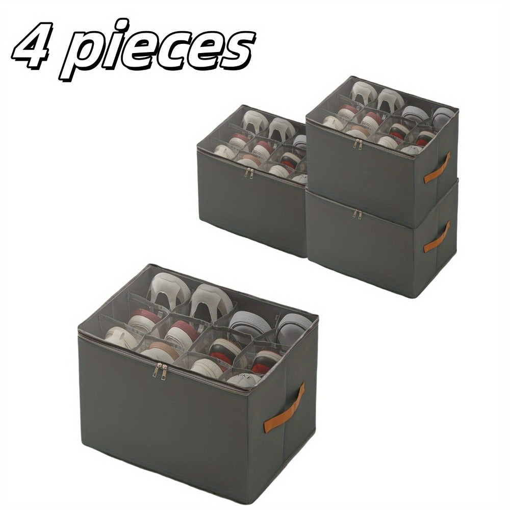 Oxford Fabric Shoe Storage Organizer with Adjustable Dividers, Transparent Lid & Handles ¨C Holds 12 Pairs, Foldable, Zippered Dustproof, 2 or 4 Pack