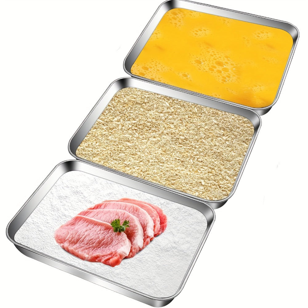 Breading Pan Set 3pcs, Stainless Steel Crumb Tray for Chicken Breading, Fish Coating and Meat Marinating, Oven Safe Food Prep Tray, Easy to Clean Breading Station for Kitchen Cooking