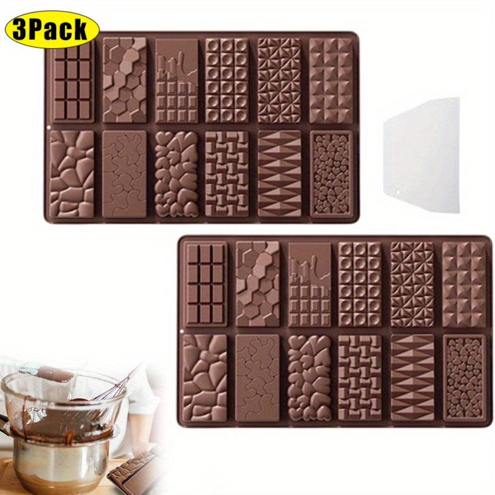 Silicone Chocolate Molds 3 Pack, 12 Cavity Food Grade BPA-Free Non-Stick Chocolate Bar Mold with Scraper, Easy Pop Out Candy Mold for Homemade Chocolate, Wax Melts, Soap, Valentine's Day, Thanksgiving