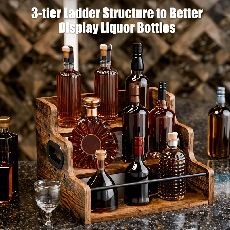 Wood Wine Rack 3 Tier Countertop Liquor Bottle Display Shelf | Solid Wood Bar Organizer for Whiskey Spirits Coffee Syrup Spices | Retro Mini Bar Cabinet Stand for Home Kitchen