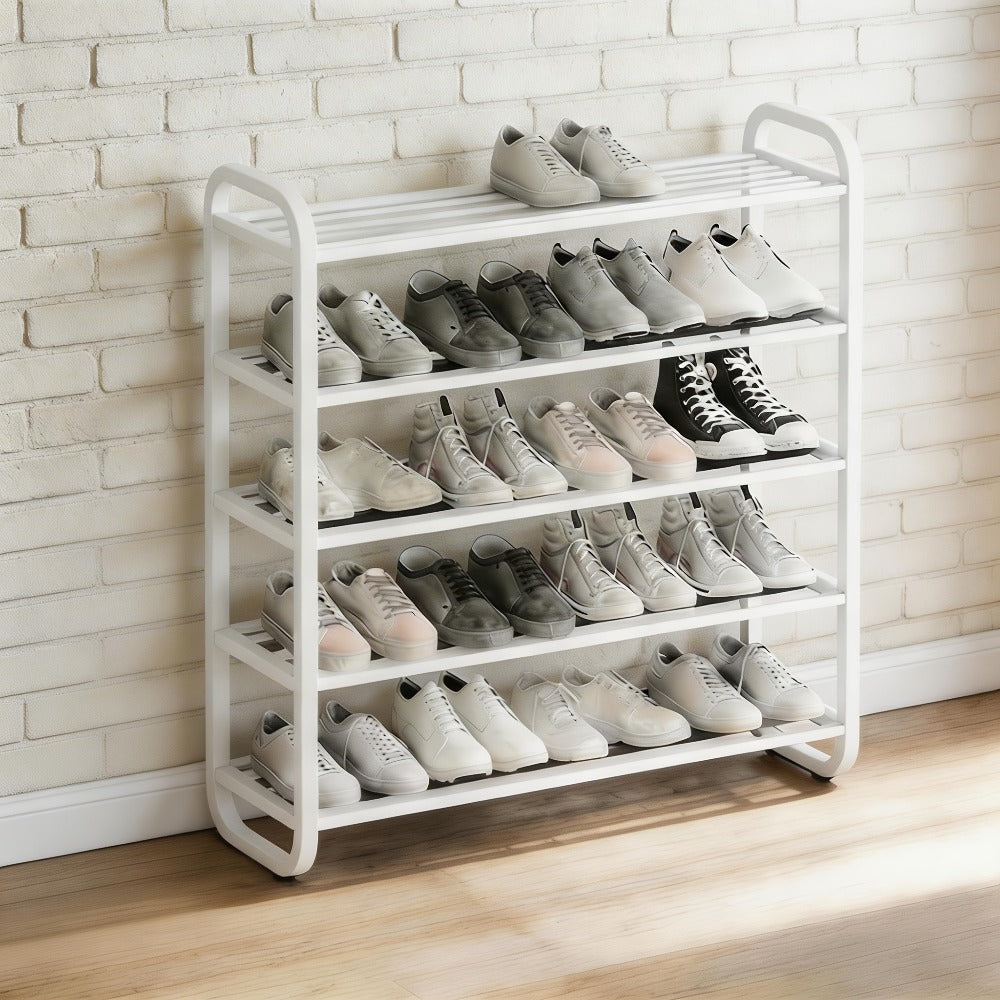 5 Layer Shoe Rack Space Saving Narrow Design | Floor to Ceiling Shoe Storage Organizer | Durable Entryway Closet Living Room Door Shoe Shelf in White