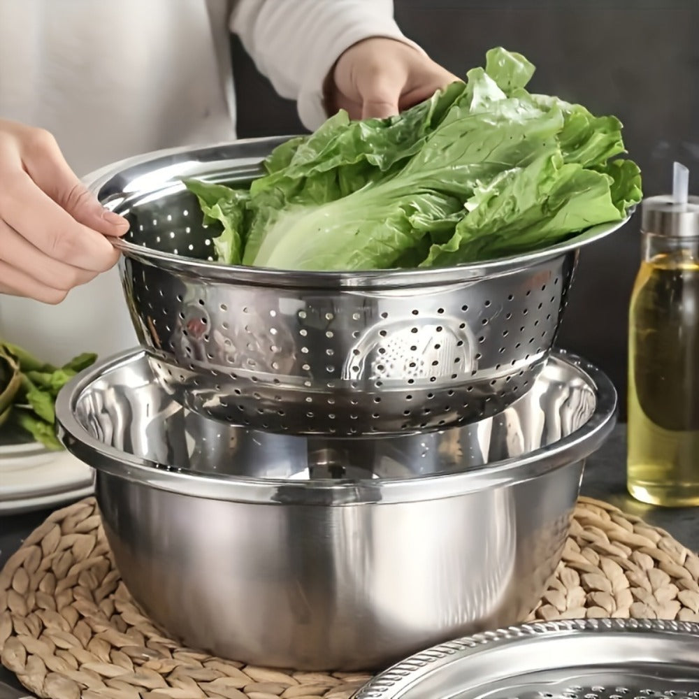 Stainless Steel Kitchen Bowl Set 3 Piece with Integrated Grinder, Colander Filter and Mixing Bowl, Multifunctional Fruit Vegetable Washing Prep Bowl with Drainage System for Slicing Cheese Salad