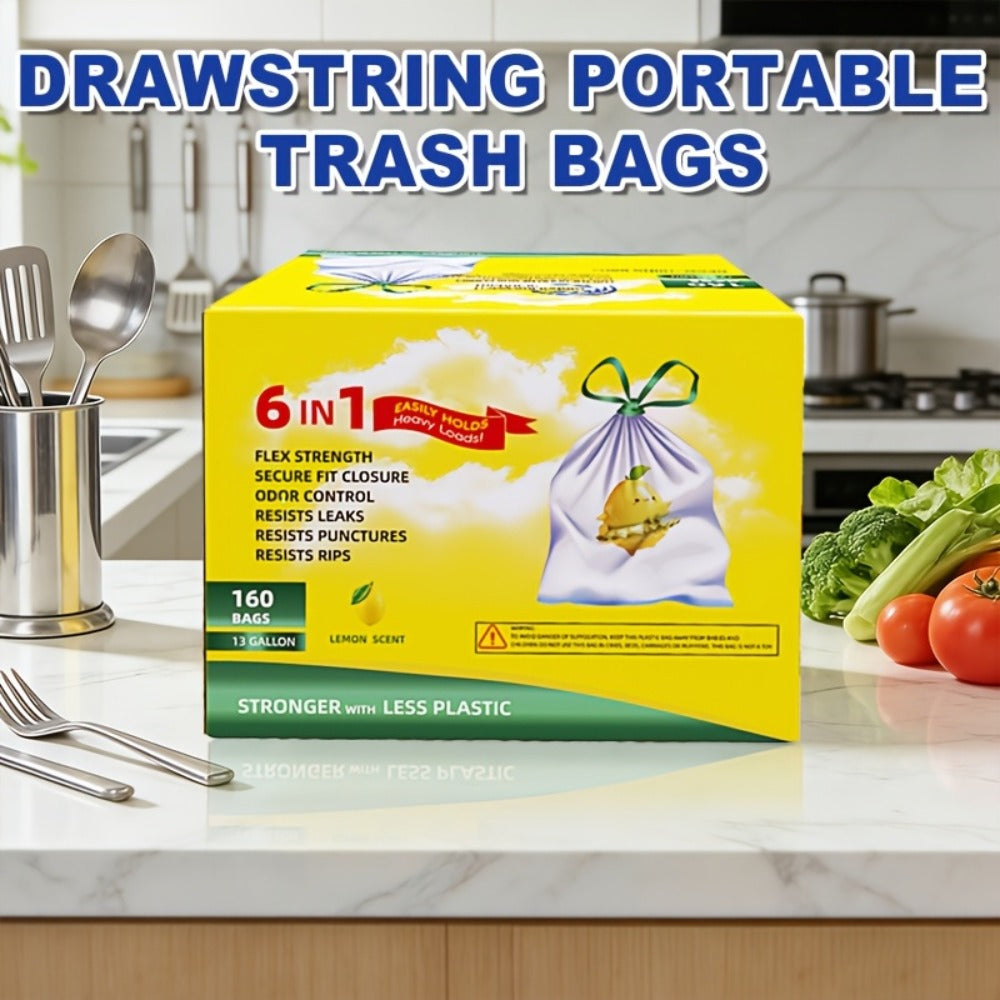 13 Gallon Trash Bags Heavy Duty Tear-Resistant Drawstring Garbage Bags with Fresh Lemon Scent Thickened Kitchen Trash Bags for Home Office Outdoor 75 Count or 160 Count Disposable Waste Bags