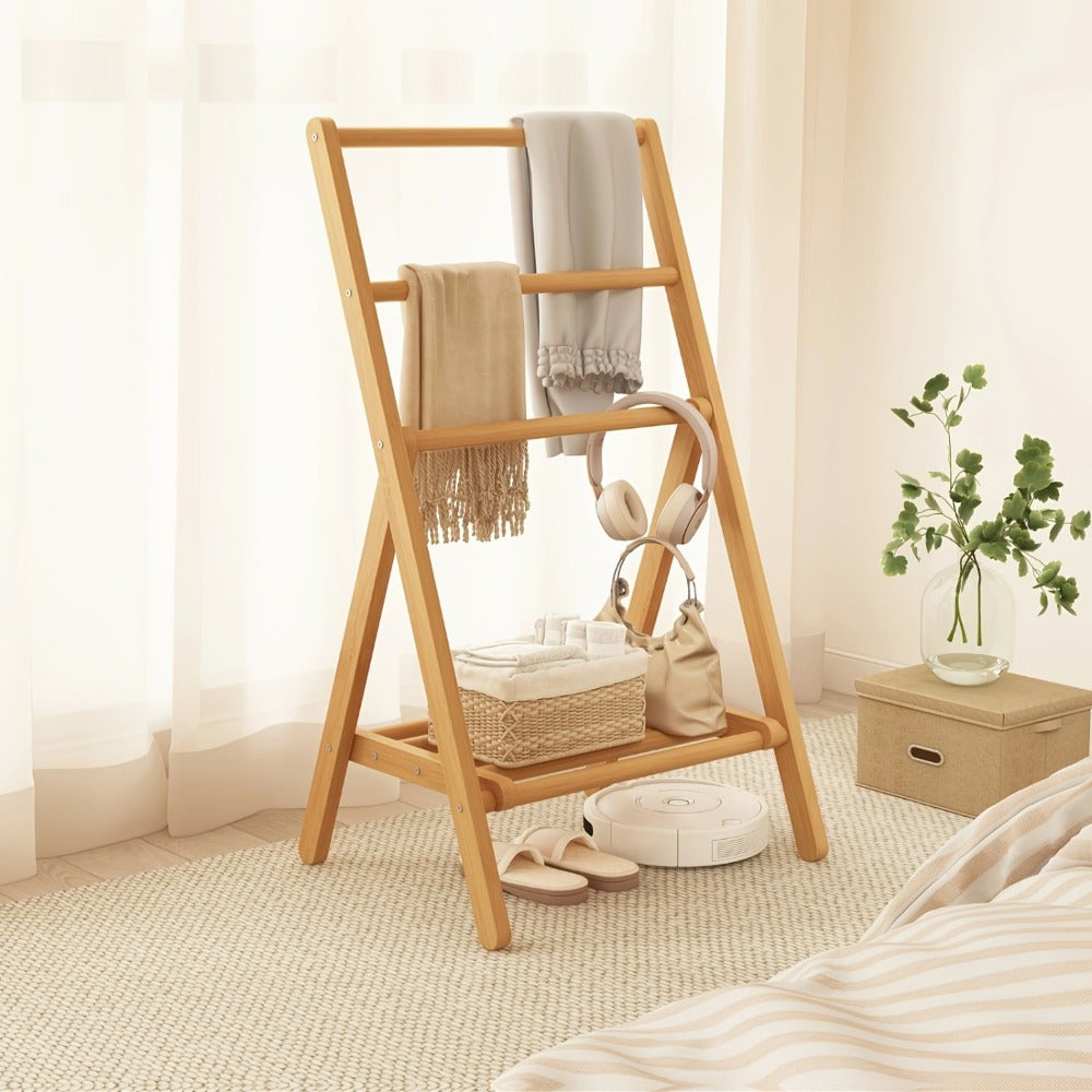 Bamboo Drying Rack 3 Tier Foldable with Storage Box - Space Saving Freestanding Clothes Hanger for Apartment, Bedroom, Bathroom & Balcony, Compact Laundry Rack for Small Spaces | Natural Burlywood
