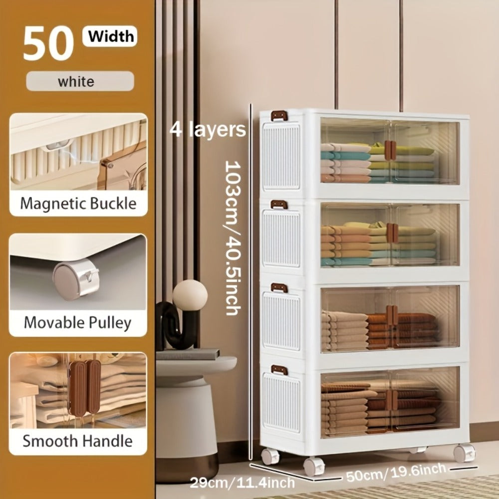 Stackable Storage Cabinet with Doors and Wheels | Collapsible Plastic Locker 1-5 Layers Large Capacity Home Organization for Bedroom Living Room Kitchen Easy Assembly Space Saving