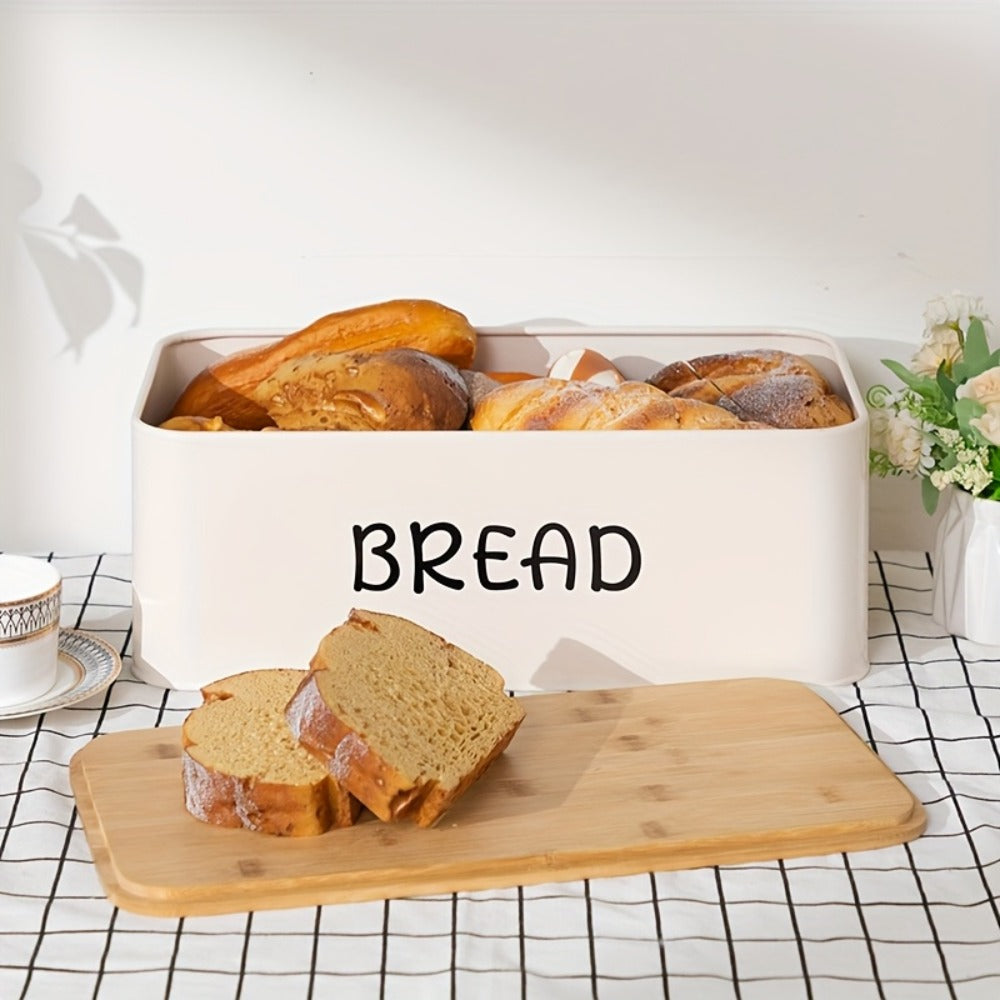 Bread Box with 3 Jars Set for Kitchen Countertop ¨C Metal Bread Box with Bamboo Board Cover, Coffee Sugar Tea Canisters, Large Capacity Farmhouse Food Storage Organizer